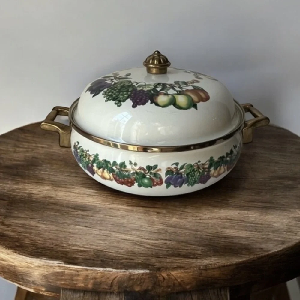Vintage Tabletops Unlimited Fruit Design Enamel on Metal Casserole with…